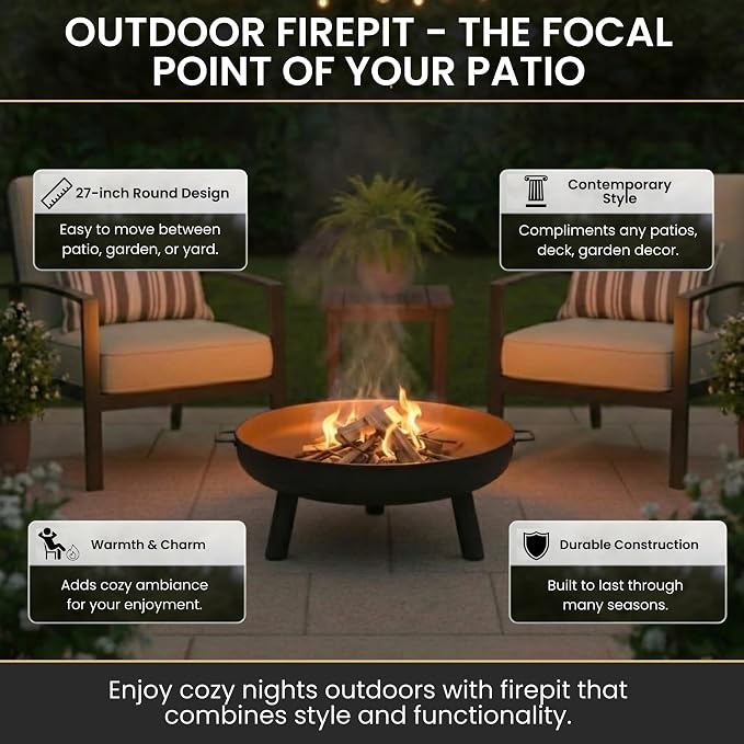 Fire Pit - 27.5-Inch Outdoor Wood Burning Firepit with Handles and Cover - Outdoor Fire Pits for Backyard, Deck, or Patio by Pure Garden (Black)