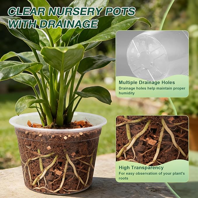 12/10/8 Inch Clear Nursery Pots with Drainage Holes, 12 Pack Flexible Large Plant Pots for Plants, Plastic Clear Pots for Seedling, Shrubs, Herbs, Flowers, Vegetables