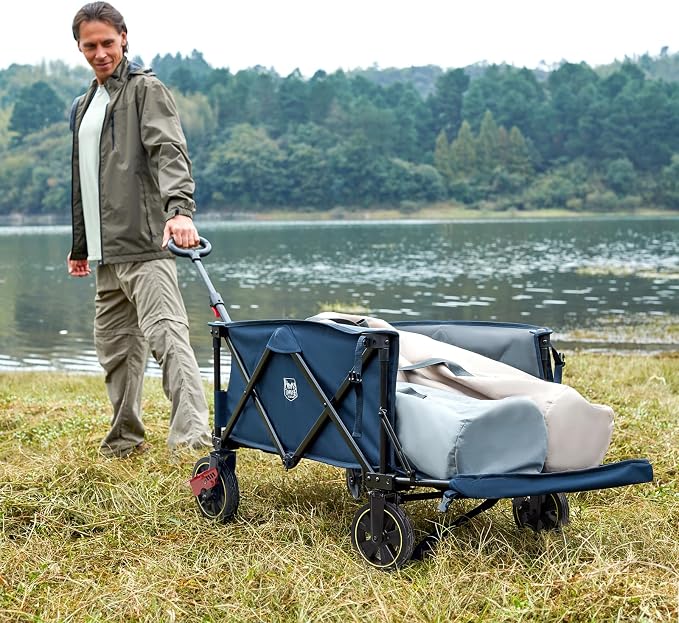 Timber Ridge 49" Extra Long Collapsible Folding Wagon with Tailgate and Brakes, 300lbs Heavy Duty Foldable Wagon with Adjustable Handle, 250L Capacity Portable Cart for Outdoor Camping Sports, Blue