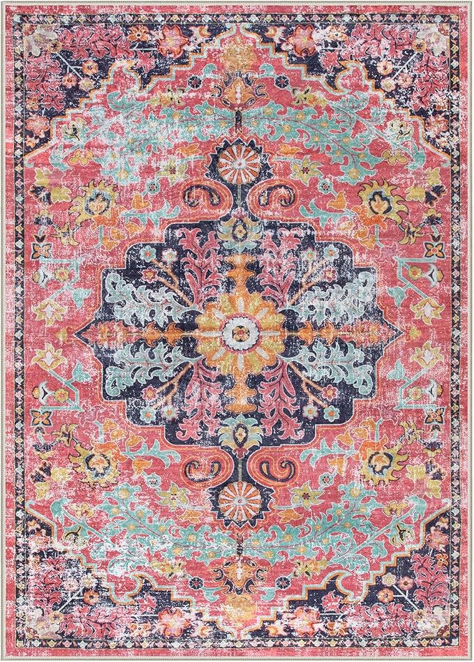 Lahome Reine 5x7 Boho Living Room Rug Colorful Bedroom Rug, Large Bohemian Nursery Rugs, Hot Pink Non-Slip Machine Washable Soft Playroom Mat Indoor Floor Accent Carpet for Dining Table Mud Room