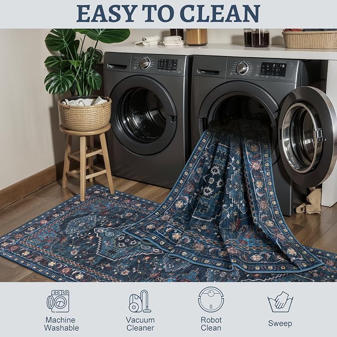 Tangsoo Oriental Blue 3X5 Washable Rugs for Entryway, Non Slip Vintage Indoor Accent Rug Carpet, Boho Soft Low Pile Tumble Rug for Living Room Dining Bedroom Bedside Entry Home Decor