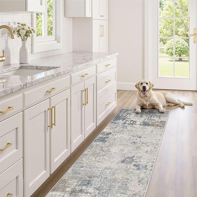 UERMEI 2x6 Washable Runner Rug for Hallway, Non Slip Low Pile Kitchen Carpet, Neutral Modern Abstract Indoor Floor Mat for Entryway Laundry, Kid & Pet Safe High Traffic Area, Blue Grey