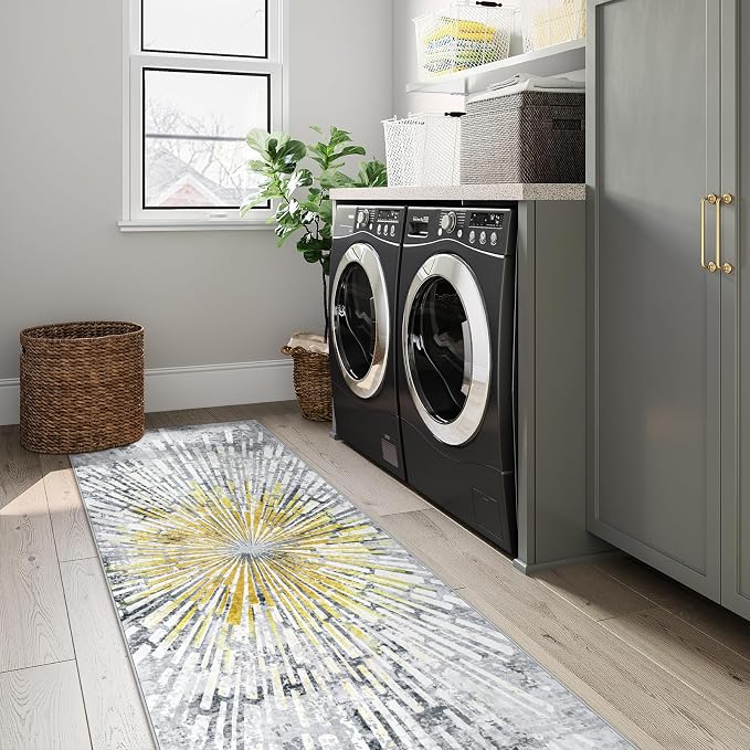 Lahome Manon Kitchen Runner Rug 2.5x8, Modern Non Skid Washable Runners for Hallways, Low Pile Soft Golden Indoor Abstract Carpet Runner for Entryway Bathroom Bedroom