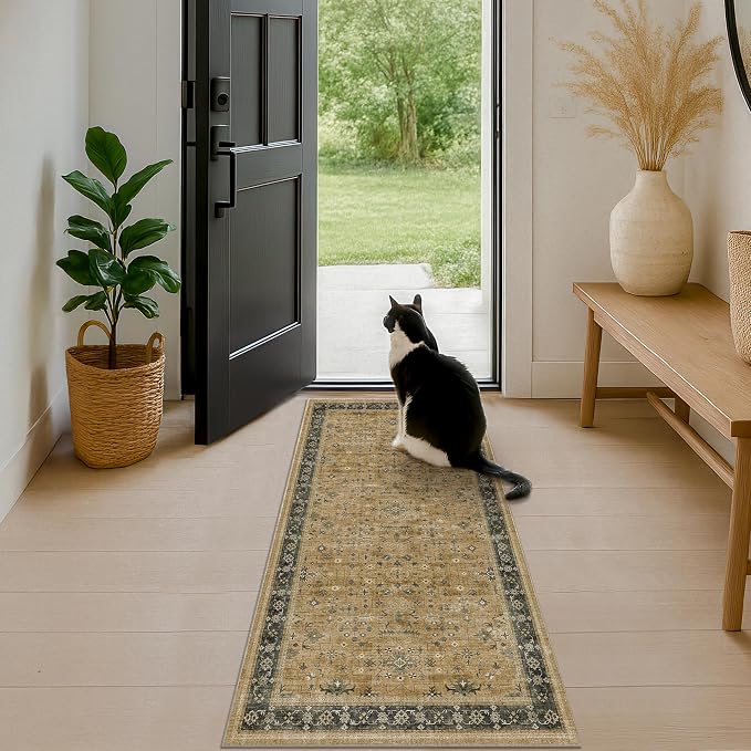 Soft 2x5 Indoor Entryway Floor Mat, Small Runner Rug for Mudroom Kitchen and Bathroom, Non-Slip Low-Pile Washable Stain Resistant, Vintage Rustic Brown and Charcoal Olive Décor
