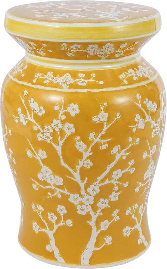 JONATHAN Y Cherry Blossom Ceramic Garden Stool 17.75" Chinoiserie Floral Drum Side Table for Patio and Living Room, Indoor Outdoor Plant Stand, Traditional, Yellow/White TBL1017E
