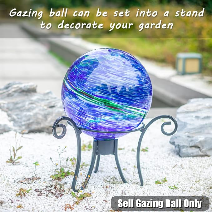 VCUTEKA Gazing Balls, Glass Gazing Ball Garden Globe Outdoor Decor 10" Blue | Handcrafted blue swirl glass gazing balls that creates elegant garden focal point in any outdoor landscape yard decorative