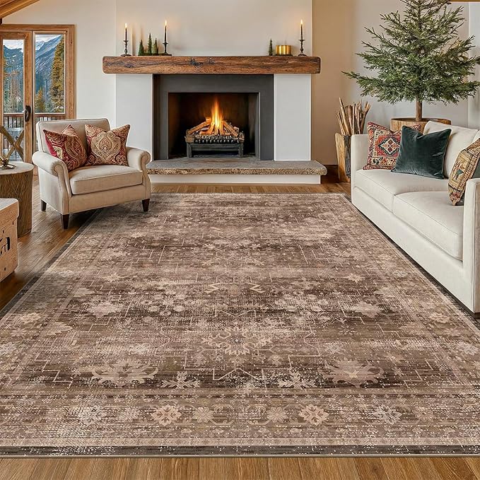 Brown 9x12 Living Room Rug - Vintage Western Eclectic Unique Neutral Taupe, Washable Low Pile Non-Slip Large Area Rugs for Dining Under Table Bedroom Under Bed