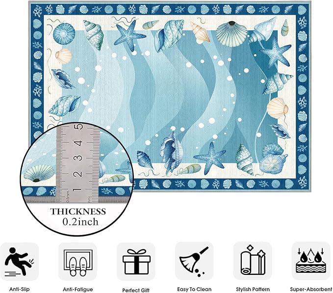 Coastal Area Rug 2x6 for Living Room, Nautical Beach Ocean Modern Print Area Rug, Blue Non-Slip Low-Pile Machine Washable Indoor Floor Carpet for Dining Room Bedroom Office