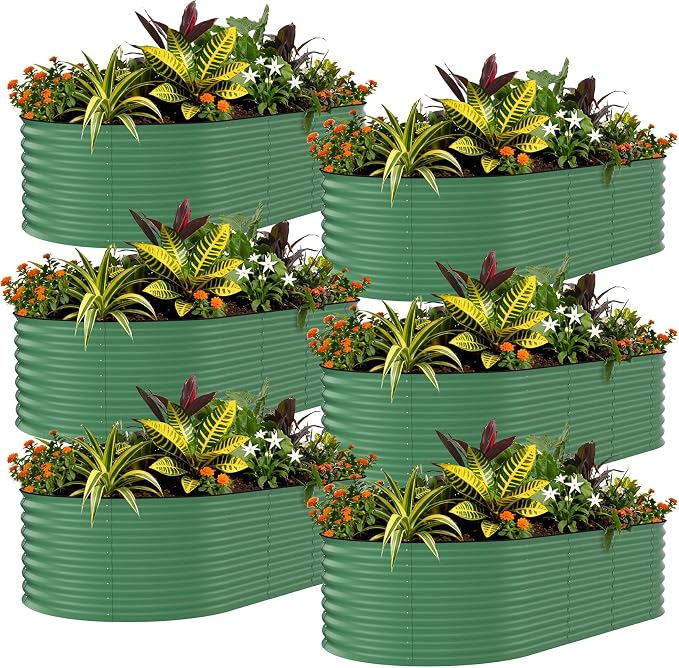 Garvee 6 Pack 8x4x1.5ft Galvanized Raised Garden Bed Kit, Oval Metal Planter Boxes with Anti-Cut Safety Edges, Rust-Resistant Deep Root Planters for Outdoor Vegetables, Flowers, Herbs, Green