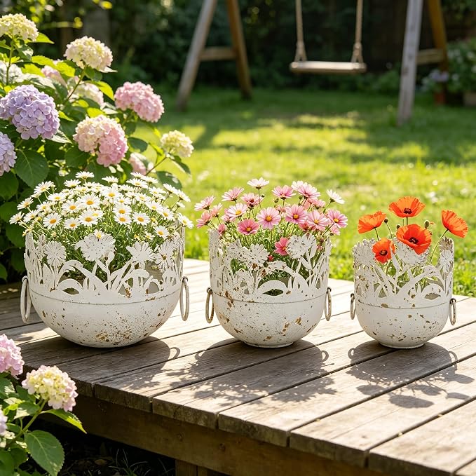 Vintage Metal Planter Set of 3, Rustic Distressed Flower Pots with Handles Farmhouse Floral Cutout Plant Containers for Indoor & Outdoor Garden Decor