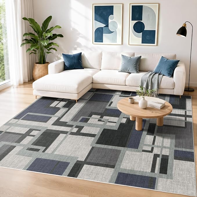 Modern Geometric Area Rug for Living Room, Slate Blue Washable Rugs 5x7 | Blue Grey Patchwork Blocks Non-Slip Indoor Carpet for Bedroom Dining Room Office | Contemporary Soft Low-Pile Floor Rug