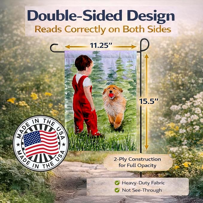 Caroline's Treasures SS8545GF Little Boy with his Golden Retriever Garden Flag Mailbox Flag Decorative Yard Flag Banner Outside Patio Artwork Yard Flower Beds, Garden Size, Multicolor