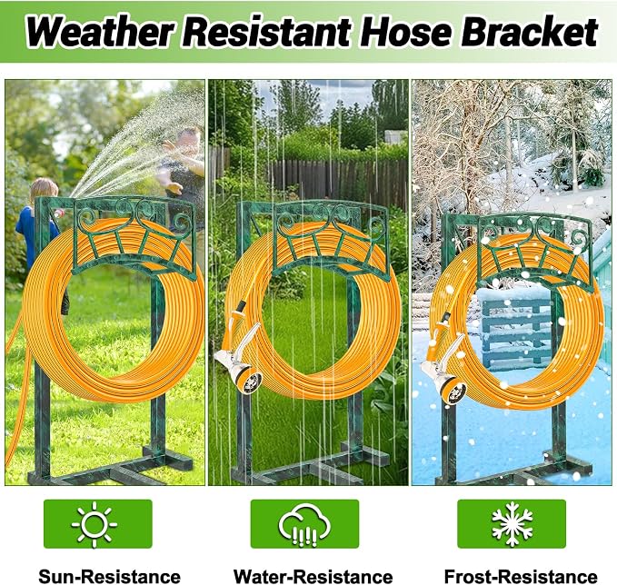 Garden Hose Holder, Heavy Duty Metal Water Hose Holders Hose Stand with 5 Spikes, Freestanding Hose Storage Rack Hose Hanger Holds 150ft Hose for Outside Yard Lawn Garden Decor (Retro Green)