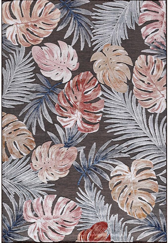 CAMILSON Indoor Outdoor Rug, Brown 9’x12’ Leaf Tropical Botanical Area Rugs for Indoor and Outdoor patios, Easy-Cleaning Non-Shedding Living Room, Garden and Kitchen Washable Outside Carpet (9x12)