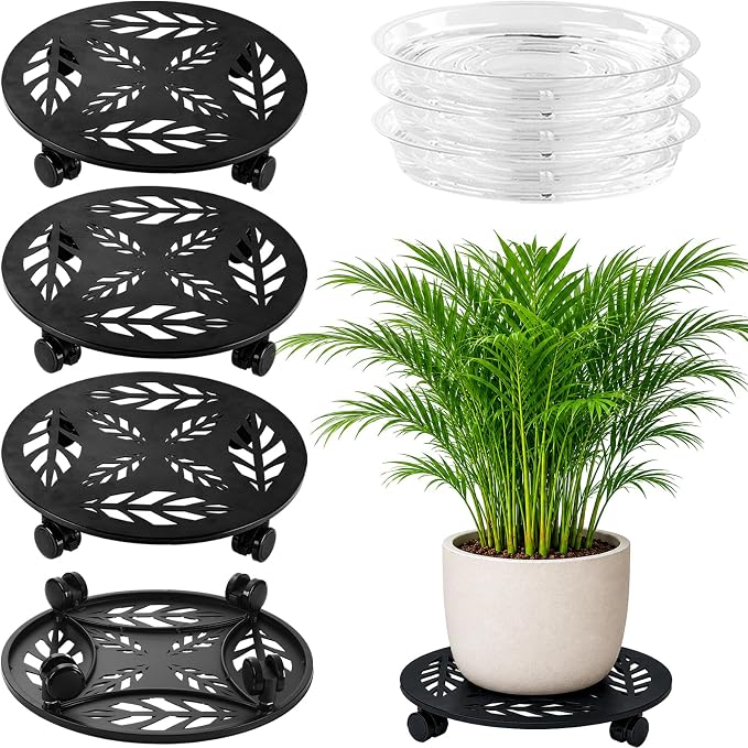 Planterhoma 3 Packs 14 Inch Rolling Plant Stand with Wheels Metal Plant Caddy with Wheels Heavy Duty Plant Rollers with Wheels Round Wrought Iron Plant Stand with Clear Saucers, Matte Black