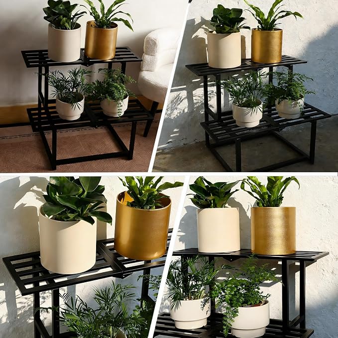 Plant Stand Indoor Outdoor, Foldable Metal Plant Shelf for Multiple Pots, Vintage Slatted Design, Suitable for a Variety of Houseplants and Gardens, Heavy Duty Capacity 330 lbs 2 Tier Black
