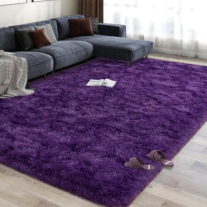 Soft Shag Fluffy Living Room Rug 6x9 Purple Washable | Upgrade Non-slip, 6 x 9 Shaggy Rugs for Bedroom Nursery, High Pile Fuzzy Plush Carpet Girls Kids Room Dorm, Flame Resistant