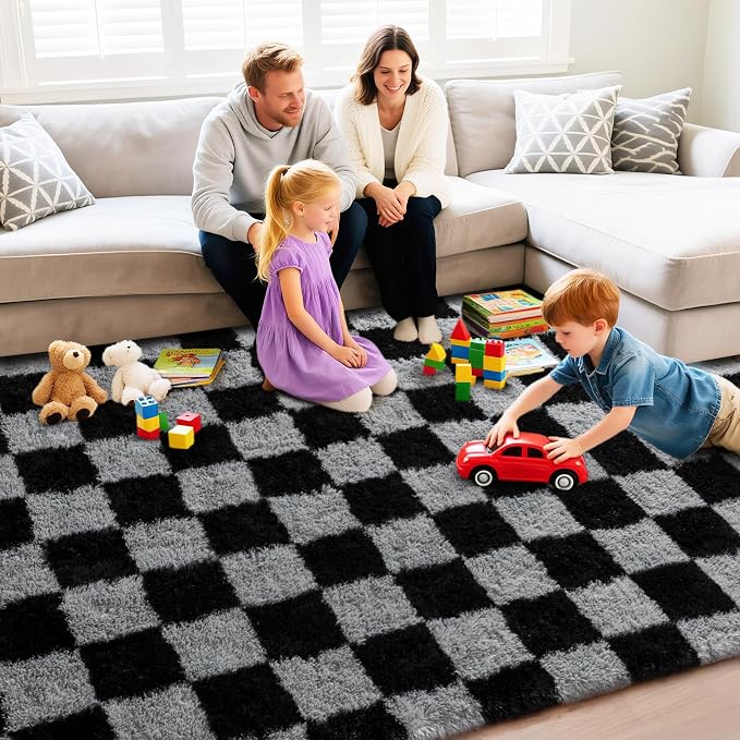 Checkered Rug 9x12 for Living Room, Ultra Fluffy Fuzzy Shag Black and Grey Large Area Rug for Bedroom, Modern Plush Soft Upgrade Non-Slip Carpet for Kids Girls and Boys Room Dorm Home Decor