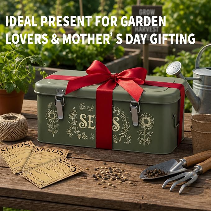 Metal Seed Storage Organizer, 4 Compartment Locking Seed Saving Box | Includes 30 Bottles & Envelopes, Dark Green Vintage Garden Seed Organizer for Flower Vegetable Heirloom Seeds