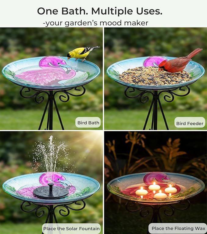 Large Bird Bath for Outside, 18" H Glass Bath Bowl with Metal Stand 28" H Standing Outdoor Birdbaths for Garden Yard Lawn Decor, Flamingo