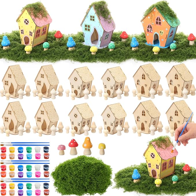 DoubleFill 12 Sets Wooden Fairy House Craft Kit for Kids - Classroom DIY Fairy Garden with Paints & Decorations - School Arts Crafts & Birthday Gift for Activity Party Decor (3 Mixed Lovely Styles)