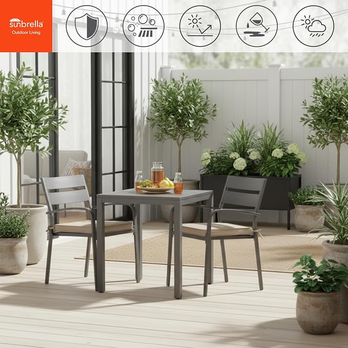Indoor/Outdoor Chair Pads in Sunbrella Fabric – 17''x17'' Patio Seat Cushions with Foam Insert, Removable Reversible Cover & Ties for Patio Dining Chairs – Set of 2 or 4, Cast Shale