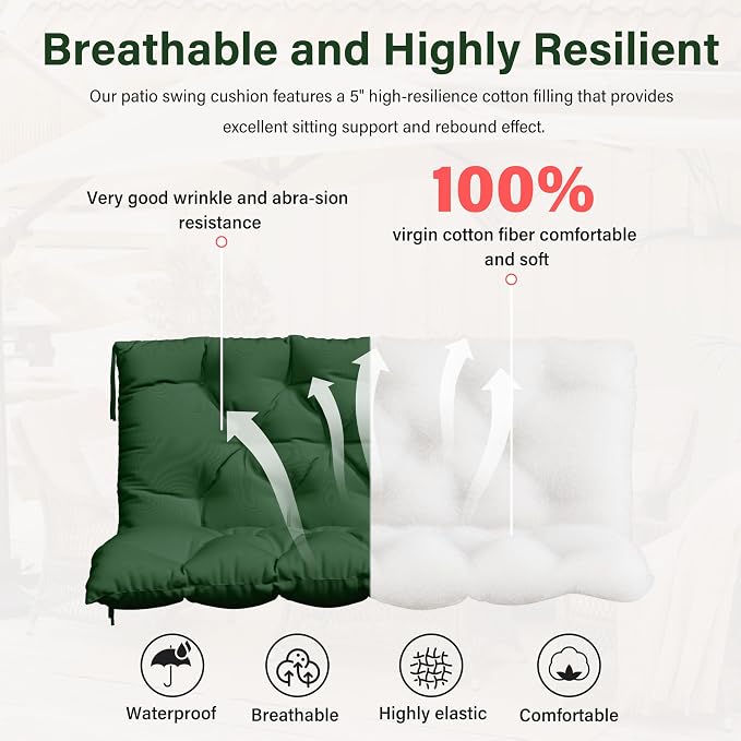 Porch Swing Cushion with Backrest,Waterproof Bench Cushion for Outdoor Furniture,2-3 Seater Replacement Thickened 5 in swing cushion,with Ties,Patio,Outdoor,Backyard and Garden (Green,47x40 in)
