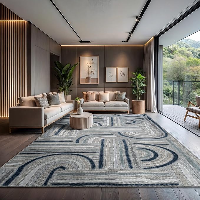 CAMILSON Indoor Outdoor Rug, Blue 8x10 Geometric Arch Striped Area Rugs for Patio and Home Areas, Easy-Cleaning Non-Shedding Living Room, Garden and Deck Washable Outside Carpet (8 x 10)