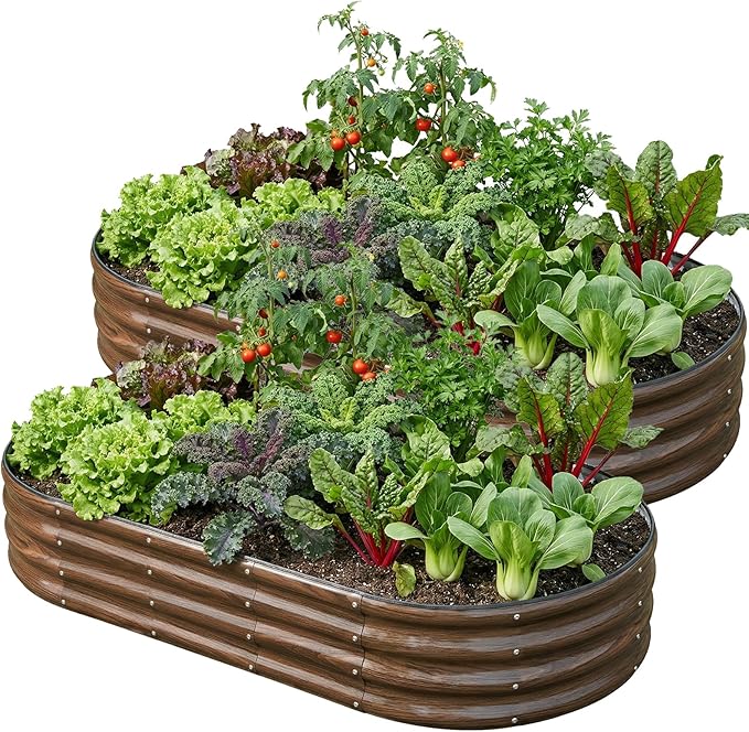 SnugNiture 2 Pcs 6x3x1ft Oval Metal Raised Garden Bed for Vegetables, Brown