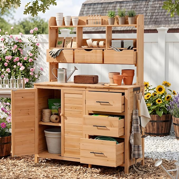 Merax Farmhouse Potting Bench with 6 Drawers, 44.6” Large Garden Workstation, Outdoor Kitchen Island with Bottom Cabinet & Hooks, Freestanding Patio Furniture,Natural Wood