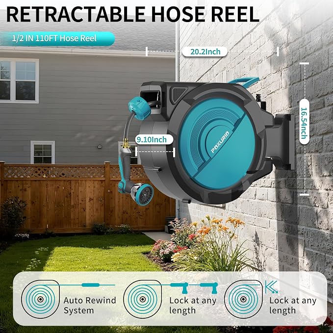 1/2" 110FT Retractable Garden Hose Reel, Wall Mounted Automatic Hose Reel with Upgraded 10 Pattern Nozzle/Any Length Lock/Slow Return System/180°Swivel Bracket, AquaBlue