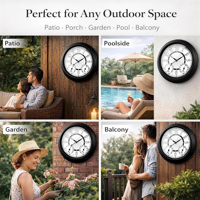 Pytha Sight Illuminated Large Metal Outdoor Clocks Waterproof 18 Inches With AI Auto Light Smart Sensor,Extra Big Indoor Outdoor Wall Clocks With Thermometer & Hygrometer for Patio, Pool, Garden,Porch