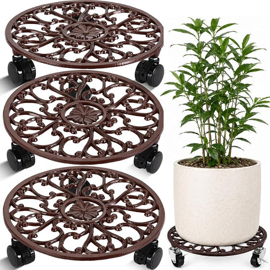 3 Packs 11 Inch Rolling Plant Stand with Wheels Wrought Iron Rolling Plant Stand with Casters Heavy Duty for Indoor Plants Rollers with Wheels, Metal Round Plant Dolly