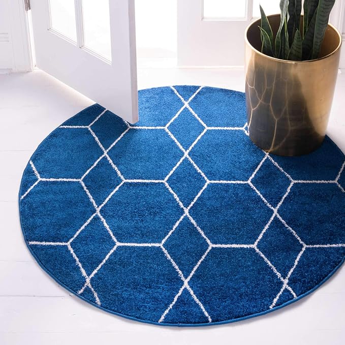 Unique Loom Trellis Frieze Collection Area Rug - Geometric (8' Round, Navy Blue/ Ivory)