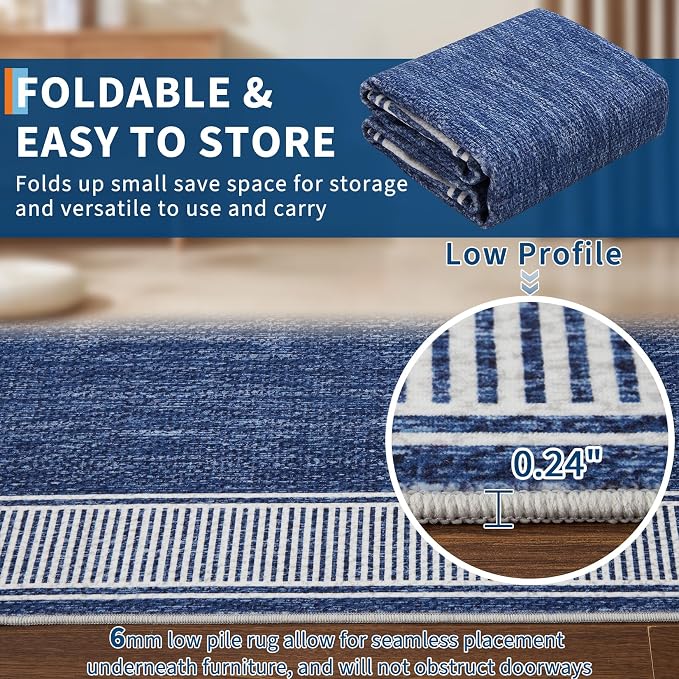 GarveeHome Hallway Runner Rug 2x10 Washable Non Slip Kitchen Runner Carpets | Stain Resistant Modern Bordered Blue Rugs for Bathroom Living Room Bedroom, Blue