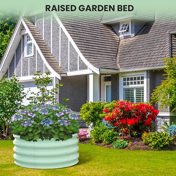 Garvee Galvanized Raised Garden Bed, 2Pcs Raised Garden Beds Outdoor, Round Planter Raised Beds with Gloves and Rubber Edge Trim for Vegetables, Flowers and Herbs, 3x3x1 FT, Green