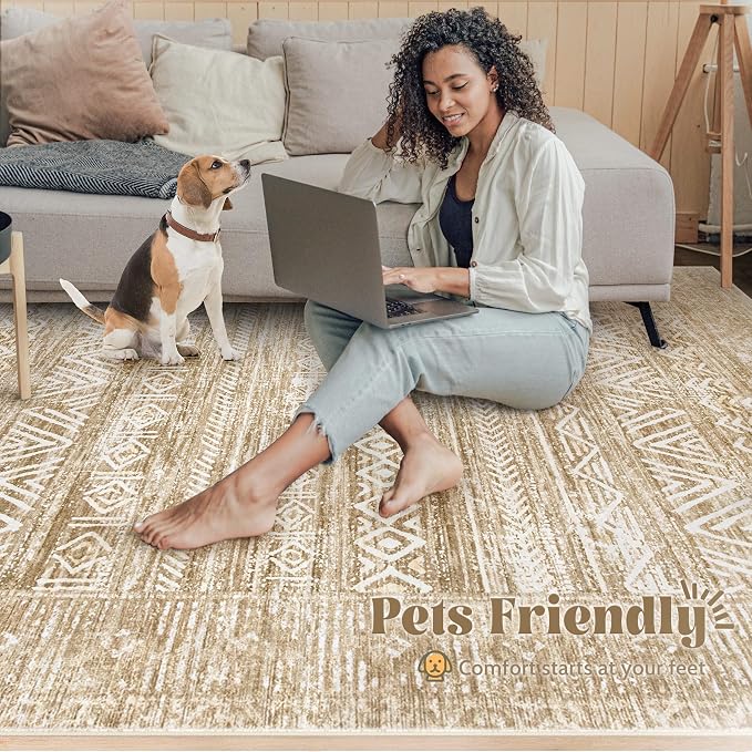 Living Room Rugs 8x10: Washable Moroccan Geometric Boho Rug Farmhouse Non Slip Stain Resistant Large Rug Low Pile Soft Carpet for Bedroom Dining Room Kids Room (Light Brown,8'x10')