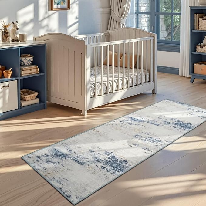 Toneed Washable 2x6 Non-Slip Abstract Runner Rug for Hallway Kitchen | Soft Modern Low Pile Area Rugs for Bedroom Laundry Living room,Indoor Carpet for Bedside Home Decor, Blue/White