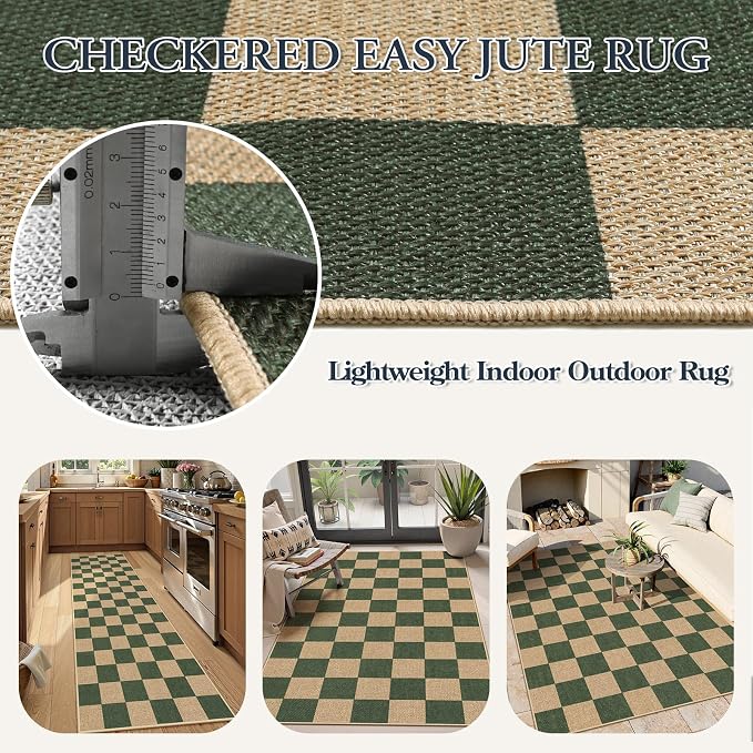 Lahome Colette Checkered Outdoor Runner Rug, 2x8 Green Kitchen Runner Rugs for Non Skid Washable Entryway Carpet, Checkerboard Non Slip Non Shedding Carpet for Bedroom
