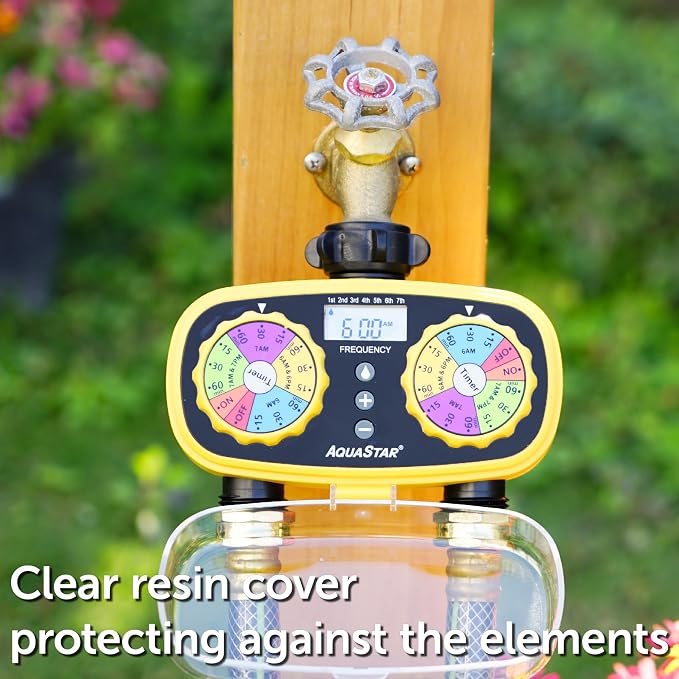 AQUASTAR Two-Zone Hose Watering Timer (Yellow), Automatic Irrigation for Lawn, Garden, Yard, Two Outlets