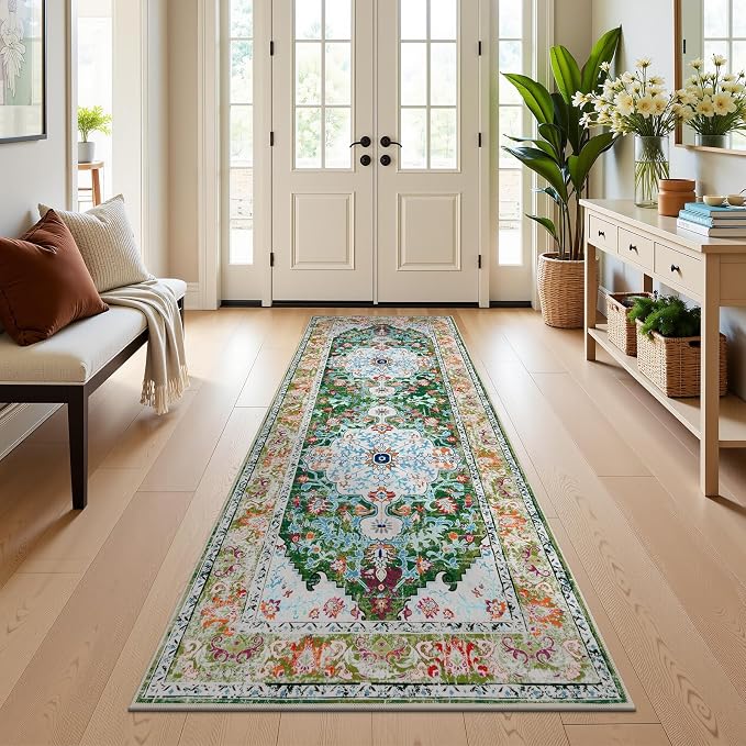 U'Artlines 3'x8' Boho Hallway Runner Rug Non Slip Washable Runners,Green | Vintage Farmhouse Kitchen Rug Accent Area Carpet for Entryway Laundry and Living Room