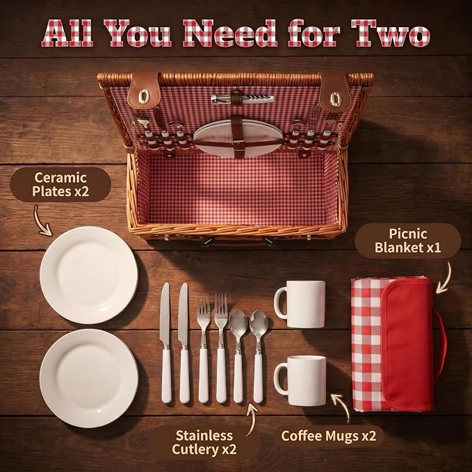Multifunctional Wicker Picnic Basket Set for 2 Adults with Picnic Table and Blankets,Large Insulated Picnic Set with Wine Pouch and Full Tablewares for Camping Outdoor Couples Beach Wedding,Pink