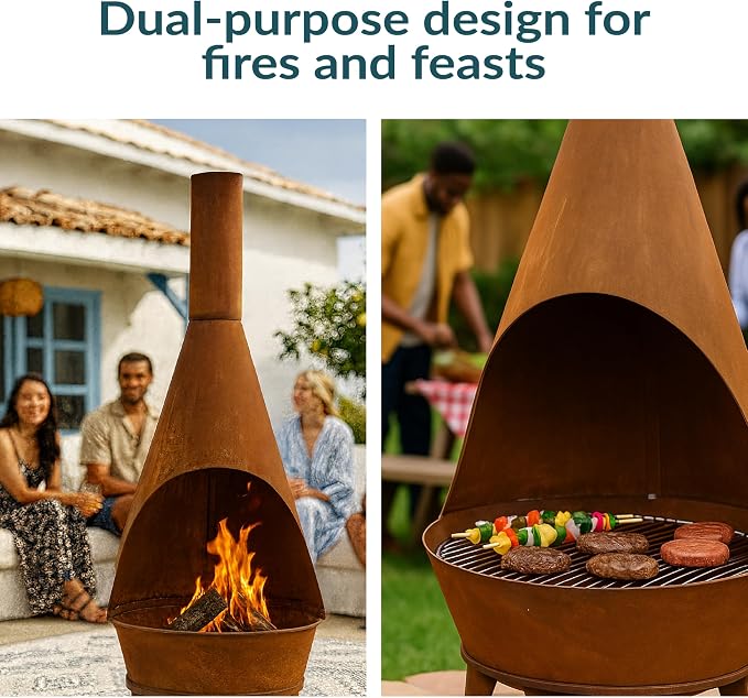 Sunnydaze Large Chiminea Outdoor Fireplace - Outdoor Wood-Burning Fireplace - Chimney Fire Pit with Grill Grate - Rustic - 75" H