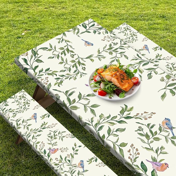 Picnic Table Cover with Bench Covers Elastic Edges, Botanical Bird Camper Fitted Table Cover, Outdoor Camping Essentials 72 Inch 3PCS, Waterproof Camping Fitted Tablecloth with Drawstring Bag