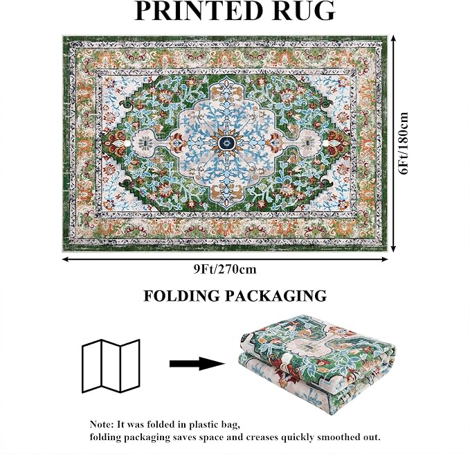 U'Artlines Boho Vintage Area Rug 6x9 Machine Washable Carpet, Green | Low Pile, Non Slip, Ultra-Thin Soft Floor Carpet, Accent Rug for Living Room Bedroom Dining Room Office