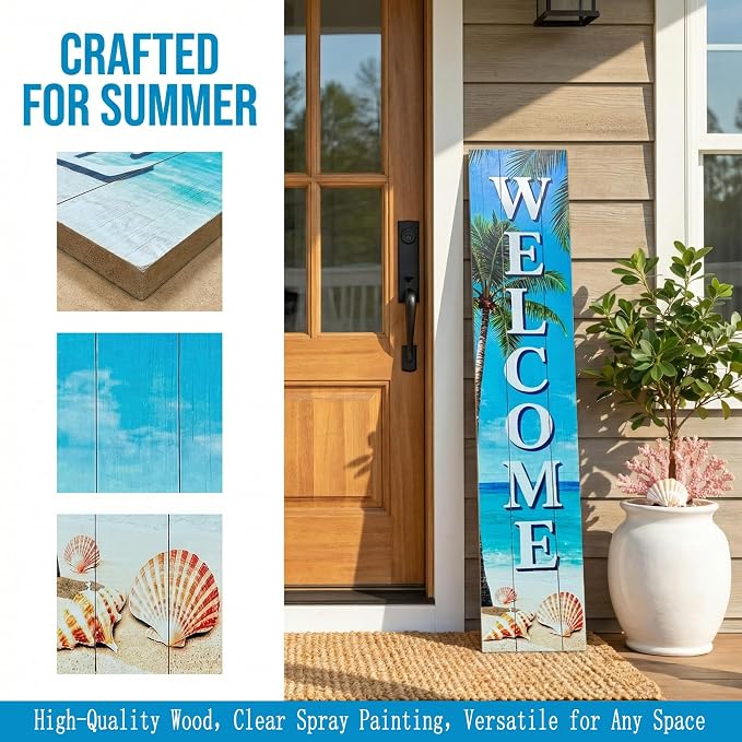 Vertical Wood Welcome Sign for Front Porch Vertical Decorative Sign Front Door Outdoor Indoor Welcome Sign 47.2x7.8 Inch Beach Shell Outdoor Decor for Welcome Front Porch Decorations.