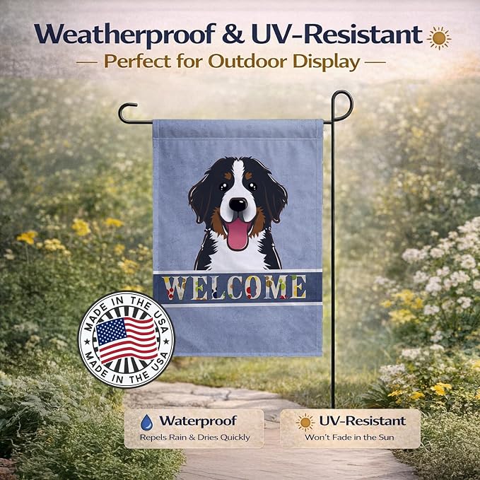 Caroline's Treasures BB1423GF Bernese Mountain Dog Welcome Garden Flag, Blue Mailbox Flag Decorative Yard Flag Banner Outside Patio Artwork Yard Flower Beds, Garden Size, Multicolor