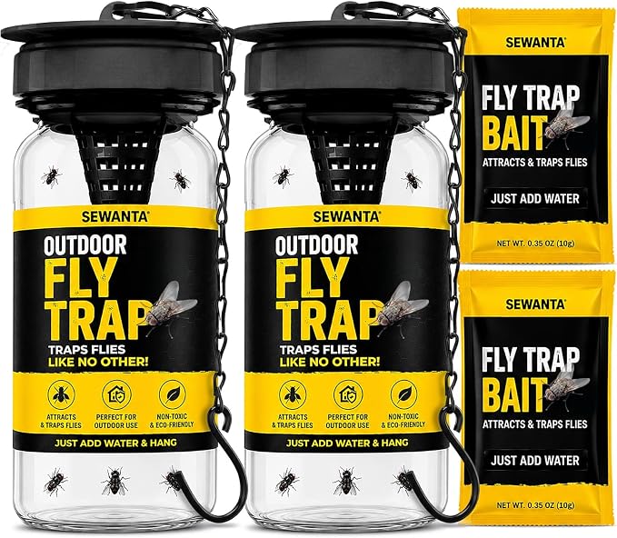 Outdoor Fly Trap [2 Pack] Fly Traps Outdoor with Dissolvable Non-Toxic Bait - Controls Flies for Patios, Hanging Fly Traps with Tie Included
