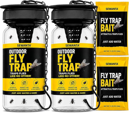 Outdoor Fly Trap [2 Pack] Fly Traps Outdoor with Dissolvable Non-Toxic Bait - Controls Flies for Patios, Hanging Fly Traps with Tie Included