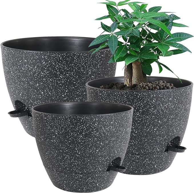 UOUZ Large Self Watering Pots, 12/10/9 Plastic Planters with High Drainage Holes and Deep Reservoir for Indoor Outdoor Garden Plants and Flowers, Black Speckles